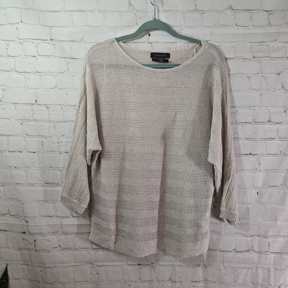 Tahari Women's Size S Oatmeal 100% Linen Sweater Pullover 3/4 Sleeves Minimalist